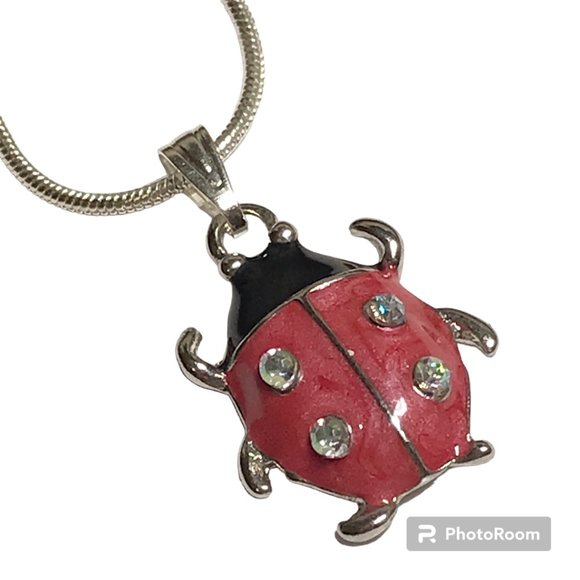 Ladybug Pendant Necklace Crystal Silver Plated 18" Chain Insect Red Enamel - Picture 2 of 12